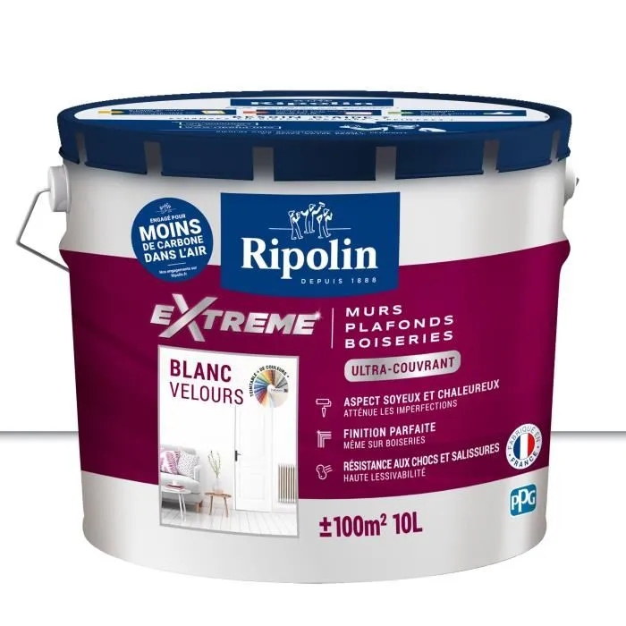 Ripolin Extreme Murs et Plafonds - Peinture Blanc Velours Ultra Couvrante 10 L - Atténue les Imperfections