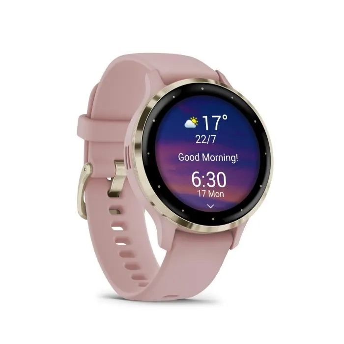 Garmin Montre Connectée Venu 3S - Boîtier 30.4mm Acier Soft Gold et Bracelet Silicone Rose - GPS, Autonomie 14 Jours