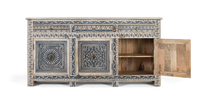 GINER Y COLOMER Buffet blanc et bleu avec 3 tiroirs et 4 portes en bois de manguier massif, finition lavée, artisanat sculpté, dimensions: 50 cm de large