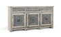 GINER Y COLOMER Buffet blanc et bleu avec 3 tiroirs et 4 portes en bois de manguier massif, finition lavée, artisanat sculpté, dimensions: 50 cm de large