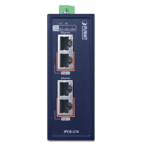 Planet IPOE-270 Injecteur Hub PoE++ 2 ports Multi-Gigabit 802.3bt industriel, jusqu'à 90W par port, 12-56V DC, montage DIN-rail