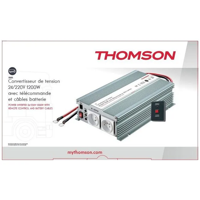 Thomson Convertisseur de tension 24V vers 220V 1200W - Avec 2 prises secteur et télécommande filaire de 4,80m - Sécurisé contre surchauffe et surcharge