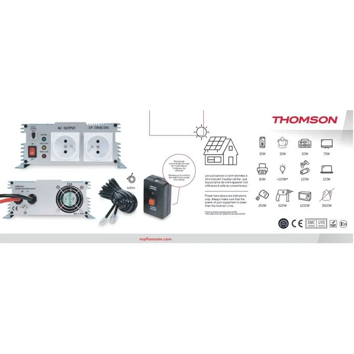 Thomson Convertisseur de tension 24V vers 220V 1200W - Avec 2 prises secteur et télécommande filaire de 4,80m - Sécurisé contre surchauffe et surcharge