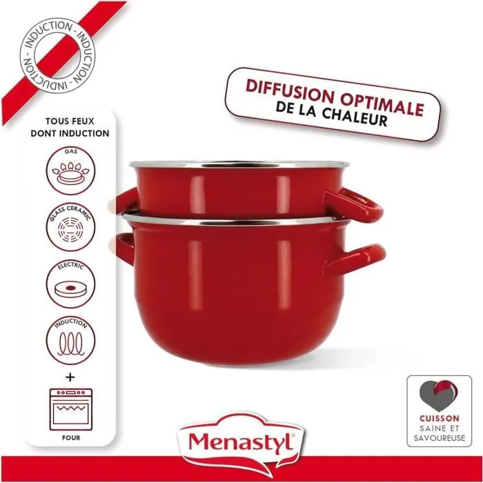 Menastyl - Marmite à Moules en Acier Émaillé Noir - Plat et Récipient de Service Intégrés - 2,7 L (18 cm) - Compatible Tous Feux Induction - Réf. 3645562