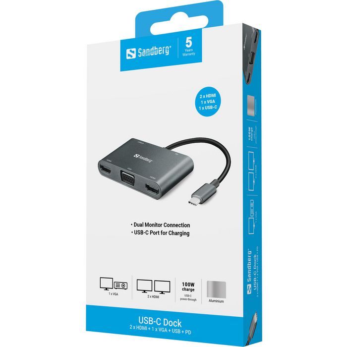 Sandberg USB-C Dock 2xHDMI+1xVGA+USB+PD Sandberg USB-C Dock 2xHDMI+1xVGA+USB+PD