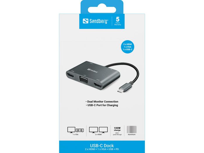 Sandberg USB-C Dock 2xHDMI+1xVGA+USB+PD Sandberg USB-C Dock 2xHDMI+1xVGA+USB+PD