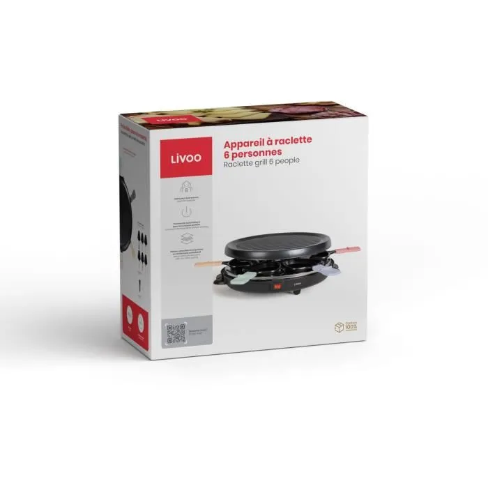 Appareil à raclette 6 personnes Livoo DOC207P - 800W - Plateau grill amovible antiadhésif 29x29 cm - Thermostat automatique - Lot de 6 spatules et 6 caquelons