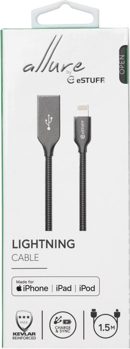 eSTUFF Câble Lightning MFI 1,5 mètres Gunmetal - Câble de charge et synchronisation ultra résistant avec gaine métallique