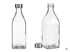 Vivalto Bouteille en Verre Carrée 1L avec Bouchon Acier 25,5x8,5x0,6 cm Transparente Argent (Set de 12)