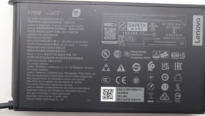 Lenovo Alimentation secteur 170W 20V Slim Tip pour PC portable Lenovo - Adaptateur AC fin et portable