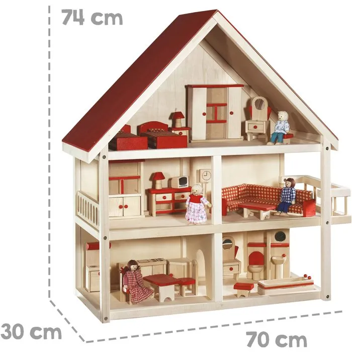 Roba Maison de poupée en bois - 3 étages avec 25 pièces et 4 poupées - Naturel / Rouge Roba Maison de poupée en bois - 3 étages avec 25 pièces et 4 poupées - Naturel / Rouge
