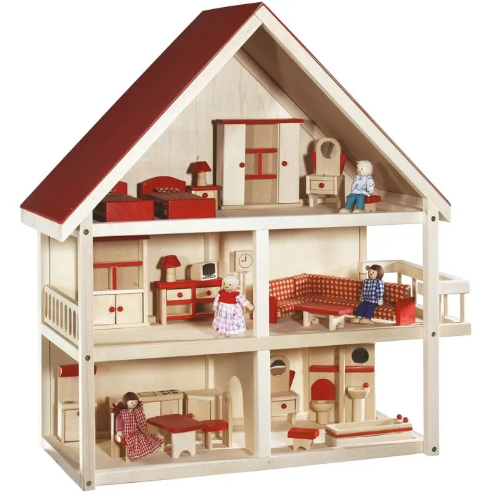 Roba Maison de poupée en bois - 3 étages avec 25 pièces et 4 poupées - Naturel / Rouge Roba Maison de poupée en bois - 3 étages avec 25 pièces et 4 poupées - Naturel / Rouge