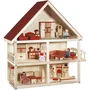 Roba Maison de poupée en bois - 3 étages avec 25 pièces et 4 poupées - Naturel / Rouge