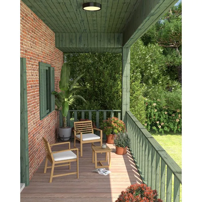 Salon de jardin Cali en bois d'Acacia FSC, 2 fauteuils + table basse carrée avec coussins écru en polyester 200g/m² Salon de jardin Cali en bois d'Acacia FSC, 2 fauteuils + table basse carrée avec coussins écru en polyester 200g/m²