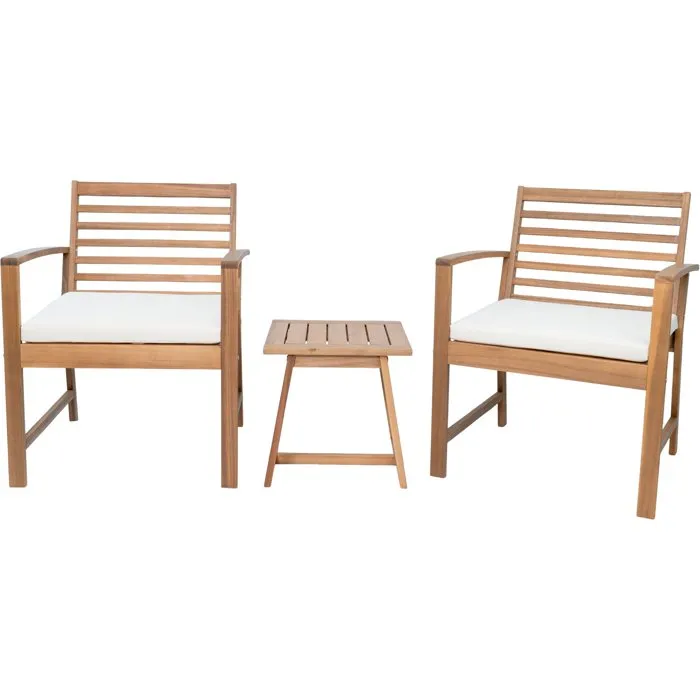 Salon de jardin Cali en bois d'Acacia FSC, 2 fauteuils + table basse carrée avec coussins écru en polyester 200g/m² Salon de jardin Cali en bois d'Acacia FSC, 2 fauteuils + table basse carrée avec coussins écru en polyester 200g/m²