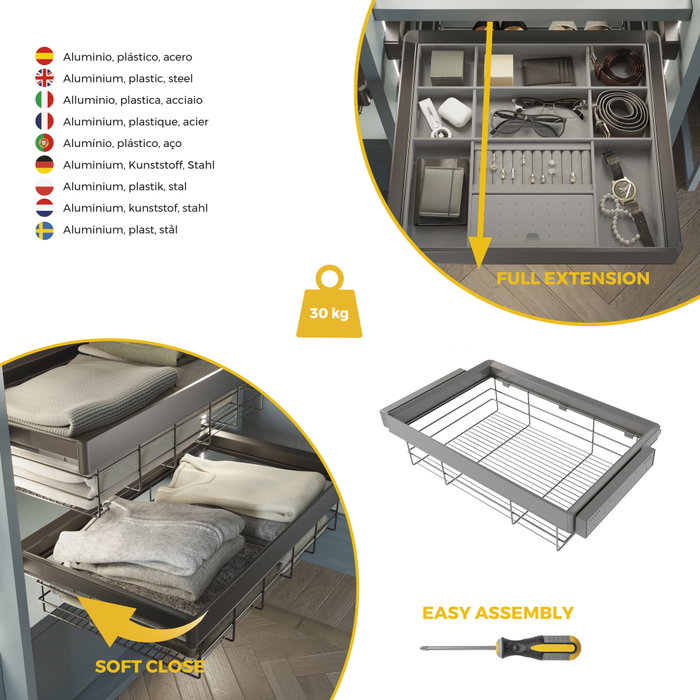 Emuca Kit tiroir en fil métallique et rack ajustable Quartz pour armoires, glissières extension totale et à fermeture douce, Module 80cm, Finition Titane Emuca Kit tiroir en fil métallique et rack ajustable Quartz pour armoires, glissières extension totale et à fermeture douce, Module 80cm, Finition Titane