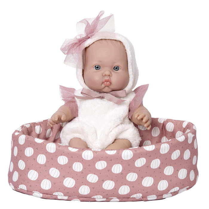 Rosa Toys Poupée Gordito avec Capazo 3020 - Vinyle doux, ensemble blanc et noeud rose, 3 ans et plus