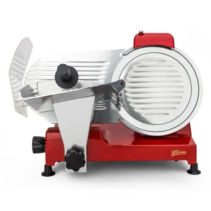 H.KoeNIG Trancheuse à Viande MSX254 - Lame en acier de 25 cm (250 mm) - Puissance 240 W - Réglage d'épaisseur 0-12 mm - Idéale jambon, fromage, pain - Design rouge