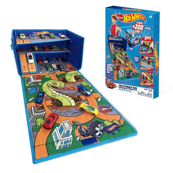 Hot Wheels Caisse organisatrice de voitures 3 en 1, transformation rapide en boîte de rangement ou aire de jeu, capacité plus de 200 voitures, instructions en espagnol
