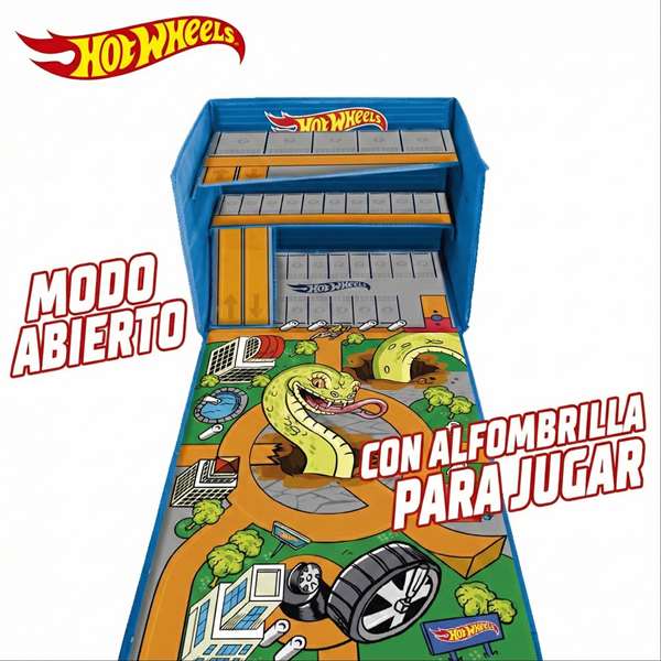 Hot Wheels Caisse organisatrice de voitures 3 en 1, transformation rapide en boîte de rangement ou aire de jeu, capacité plus de 200 voitures, instructions en espagnol