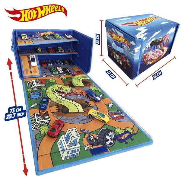 Hot Wheels Caisse organisatrice de voitures 3 en 1, transformation rapide en boîte de rangement ou aire de jeu, capacité plus de 200 voitures, instructions en espagnol