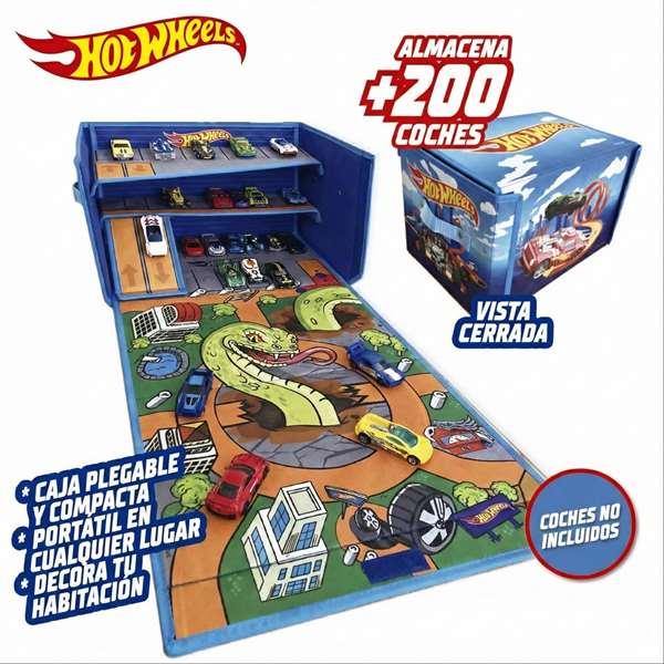 Hot Wheels Caisse organisatrice de voitures 3 en 1, transformation rapide en boîte de rangement ou aire de jeu, capacité plus de 200 voitures, instructions en espagnol
