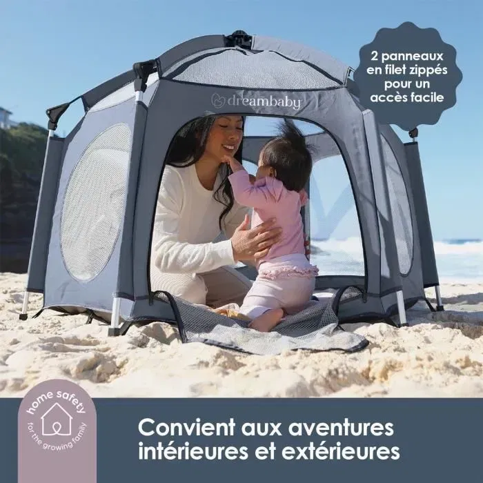 Dreambaby Adventure Parc Pop-Up pour Bébé, Ø 1.3 m, H 1 m, Anti-UV, Sac de Transport, Gris, Usage Intérieur/Extérieur