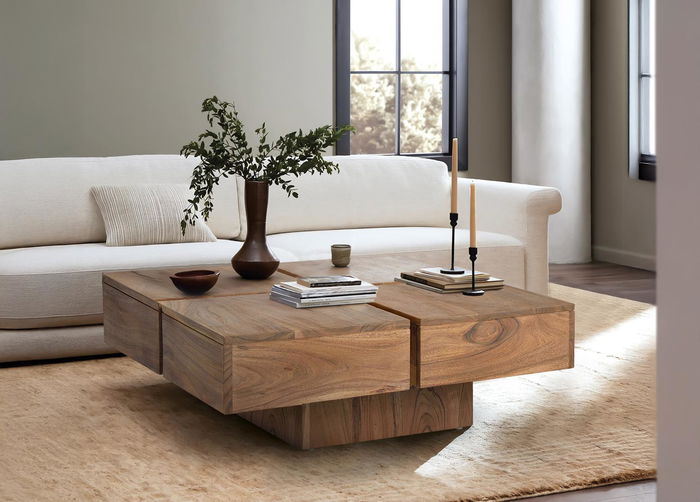 GINER Y COLOMER - Table basse en bois d'acacia, couleur naturelle, avec finition artisanale - Dimensions : 80 cm L x 80 cm P x 31 cm H GINER Y COLOMER - Table basse en bois d'acacia, couleur naturelle, avec finition artisanale - Dimensions : 80 cm L x 80 cm P x 31 cm H