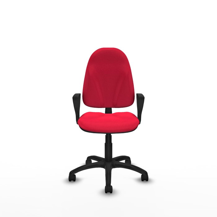 Chaise de bureau Algarra avec mécanisme de contact permanent de base, recouverte de tissu rouge. Équipée d'une base en polyamide noir, d'accoudoirs fixes et de roulettes en nylon de 50 mm.