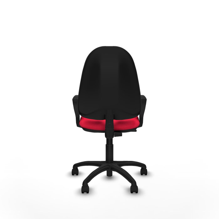 Chaise de bureau Algarra avec mécanisme de contact permanent de base, recouverte de tissu rouge. Équipée d'une base en polyamide noir, d'accoudoirs fixes et de roulettes en nylon de 50 mm.