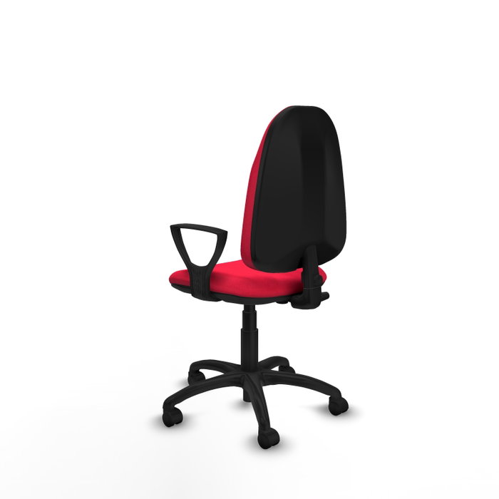 Chaise de bureau Algarra avec mécanisme de contact permanent de base, recouverte de tissu rouge. Équipée d'une base en polyamide noir, d'accoudoirs fixes et de roulettes en nylon de 50 mm.