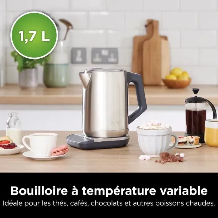 Ninja KT201EU - Bouilloire électrique température réglable, 1,7 L, 3000 W, 6 températures préréglées, maintien au chaud 30 min, finition inox et noir mat