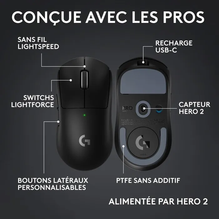 Logitech G PRO X Superlight 2c Souris Gaming Sans Fil Ultra-Légère Compacte Noir