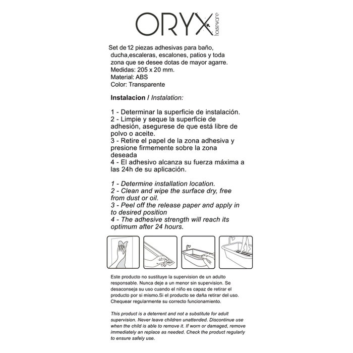 ORYX Lot de 12 bandes antidérapantes transparentes en ABS pour salle de bain et douche ORYX Lot de 12 bandes antidérapantes transparentes en ABS pour salle de bain et douche