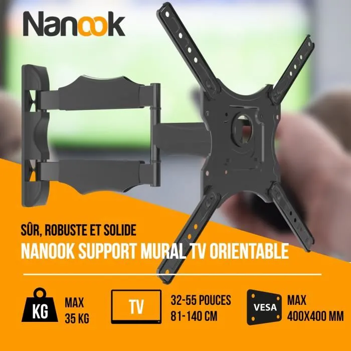 NANOOK Support mural TV orientable et inclinable pour téléviseurs 32 à 55 pouces (jusqu'à 45 kg) - Compatible LCD, LED, QLED, OLED - Rotation 90°