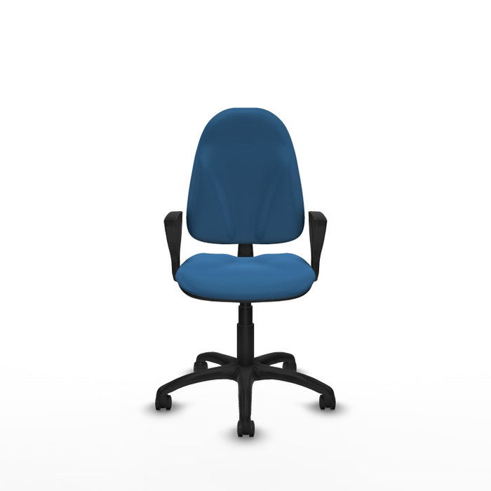 Chaise de bureau Algarra avec mécanisme de contact permanent de base, revêtue de similicuir bleu clair. Équipée d'un piètement en polyamide noir, d'accoudoirs fixes et de roulettes autobloquantes Chaise de bureau Algarra avec mécanisme de contact permanent de base, revêtue de similicuir bleu clair. Équipée d'un piètement en polyamide noir, d'accoudoirs fixes et de roulettes autobloquantes