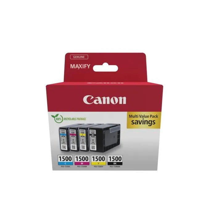 Canon PGI-1500 - Multipack de 4 cartouches d'encre compatibles Noir, Cyan, Magenta, Jaune pour imprimantes MAXIFY MB2050 MB2350 MB2150 MB2155 MB2750 MB2755 Canon PGI-1500 - Multipack de 4 cartouches d'encre compatibles Noir, Cyan, Magenta, Jaune pour imprimantes MAXIFY MB2050 MB2350 MB2150 MB2155 MB2750 MB2755