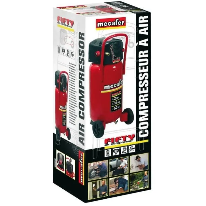 Mecafer FIFTY Compresseur d'air vertical sans huile 50L, 1500W, 10 bars, 2 CV, pour gonflage, soufflage, agrafage et peinture