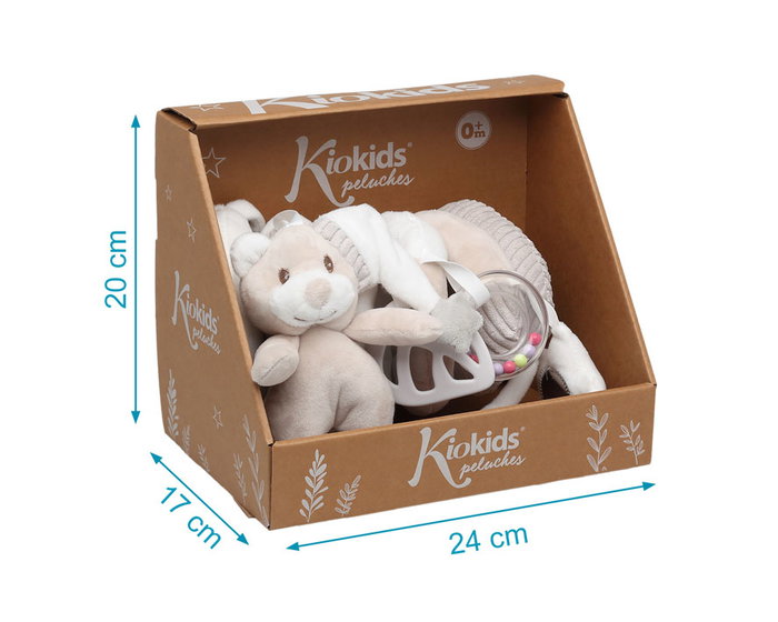KioKids Peluche Osito Spiral Beige Jouet d'Éveil avec Boîte - Sonnette, Mordedor et Étoile - Collection Dolci Amici pour Bébé à partir de 0 Mois