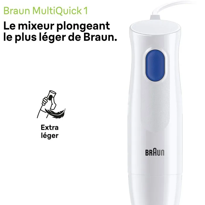 Braun MultiQuick 1 MQ10.202M - Mixeur plongeant 450 W, 1 vitesse, système EasyTwist, blanc, sans BPA, accessoires lavables au lave-vaisselle