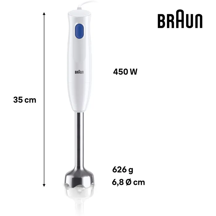 Braun MultiQuick 1 MQ10.202M - Mixeur plongeant 450 W, 1 vitesse, système EasyTwist, blanc, sans BPA, accessoires lavables au lave-vaisselle