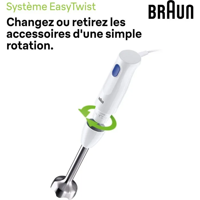 Braun MultiQuick 1 MQ10.202M - Mixeur plongeant 450 W, 1 vitesse, système EasyTwist, blanc, sans BPA, accessoires lavables au lave-vaisselle