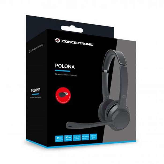 Conceptronic Polona04BA Casque Audio Bluetooth sans Fil Noir - Autonomie 44h, USB-C, Micro avec Réduction de Bruit