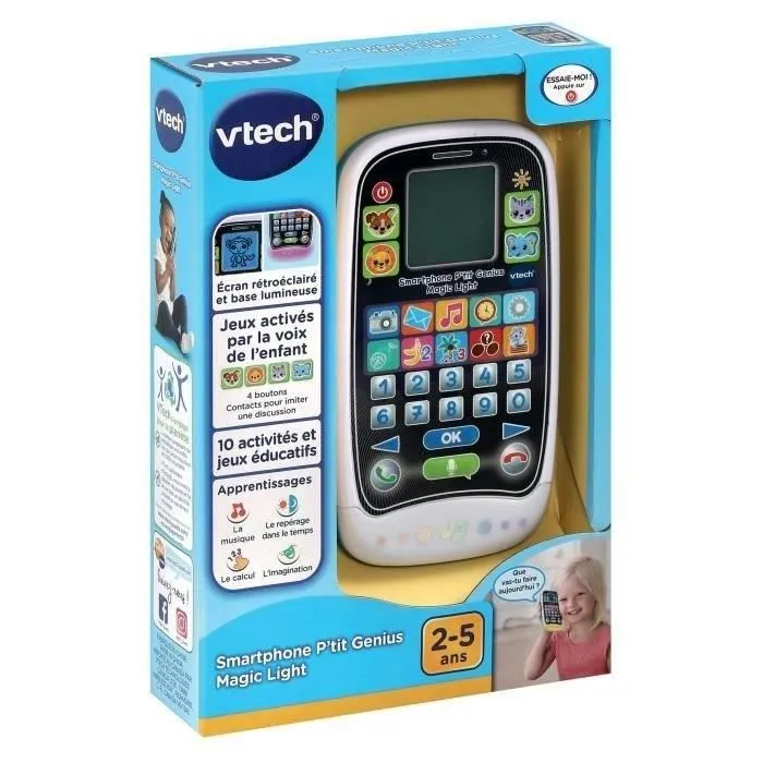 Vtech P'Tit Genius Magic Light - Smartphone éducatif interactif pour enfants 2-6 ans avec 10 activités, écran rétroéclairé et base lumineuse