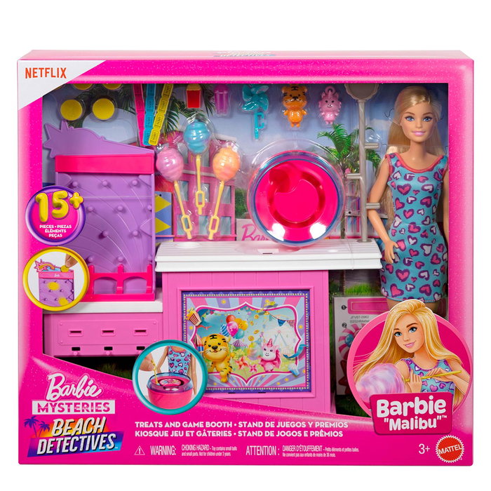 Barbie Mysteries: Beach Detectives - Stand de Barbe à Papa en Coton Sucré avec Plus de 20 Accessoires et Poupée - Ensemble de Jeu Imaginaire Mattel Jfv67