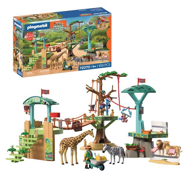 Playmobil 72070 Parc aventure Zoo au milieu des animaux sauvages avec passerelles, ponts en corde et plateformes d'observation - Figurines girafe, zèbre et lion incluses