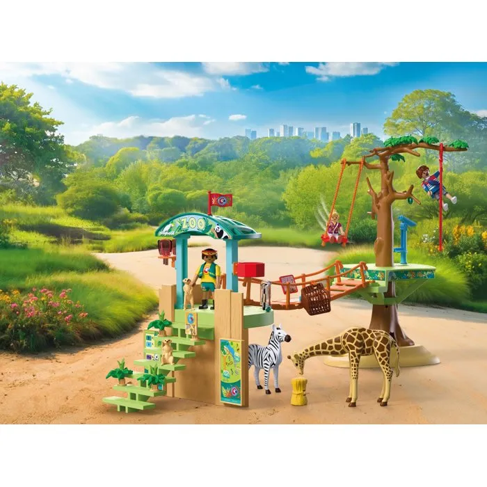 Playmobil 72070 Parc aventure Zoo au milieu des animaux sauvages avec passerelles, ponts en corde et plateformes d'observation - Figurines girafe, zèbre et lion incluses