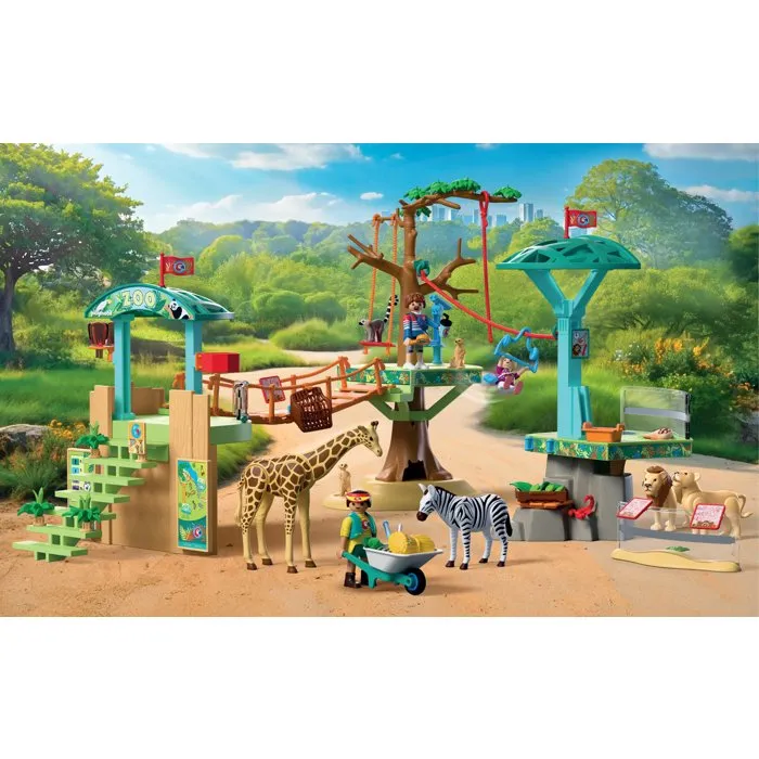 Playmobil 72070 Parc aventure Zoo au milieu des animaux sauvages avec passerelles, ponts en corde et plateformes d'observation - Figurines girafe, zèbre et lion incluses
