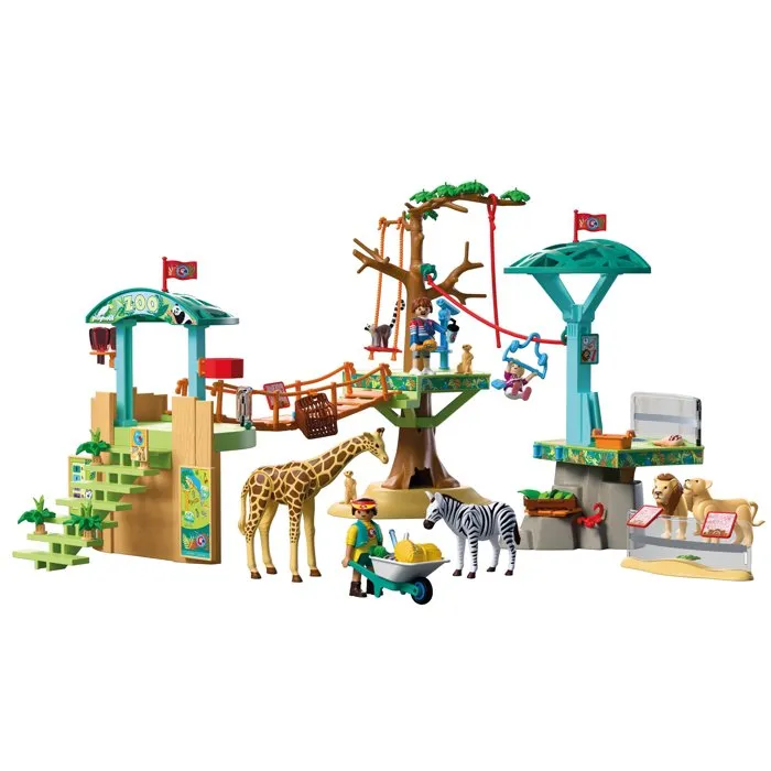 Playmobil 72070 Parc aventure Zoo au milieu des animaux sauvages avec passerelles, ponts en corde et plateformes d'observation - Figurines girafe, zèbre et lion incluses