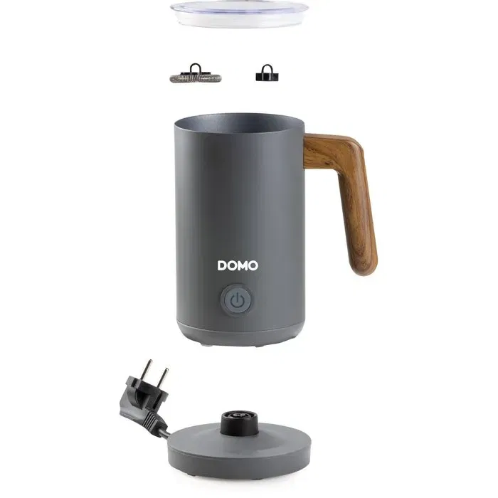 Domo Mousseur à lait DO745MF - 500 W - Capacité 150 ml - 3 fonctions (mousse chaude, froide, chauffage) - Socle rotatif 360° - Revêtement antiadhésif - Gris/Bois